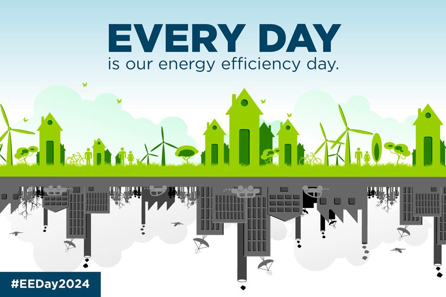 Graphic that says "Every day is our energy efficiency day," with an image of a green, healthy city and a gray and decrepit city opposite of it