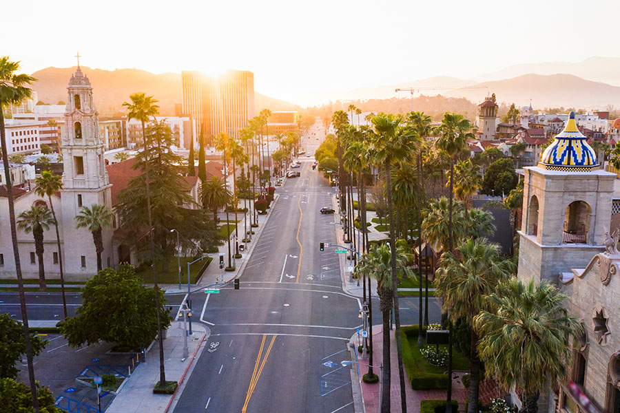 Sunset aerial view of historic downtown Riverside, California.