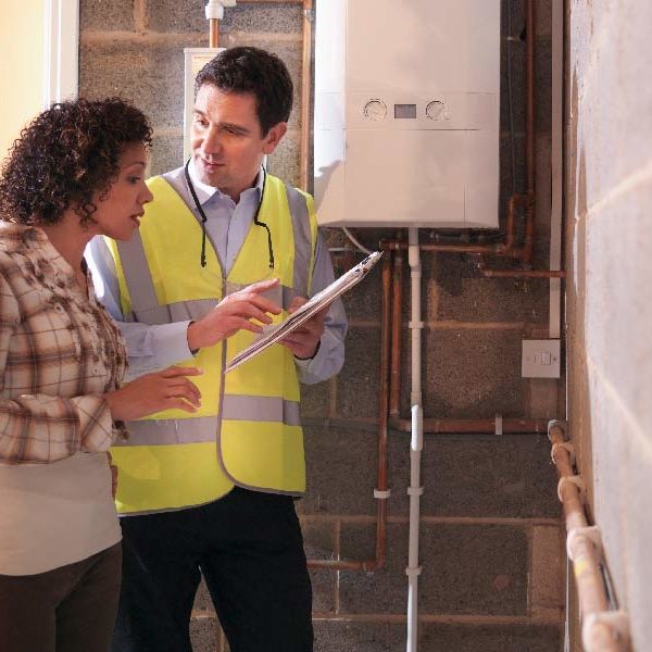 Photo of a man on the job talking to a homeowner