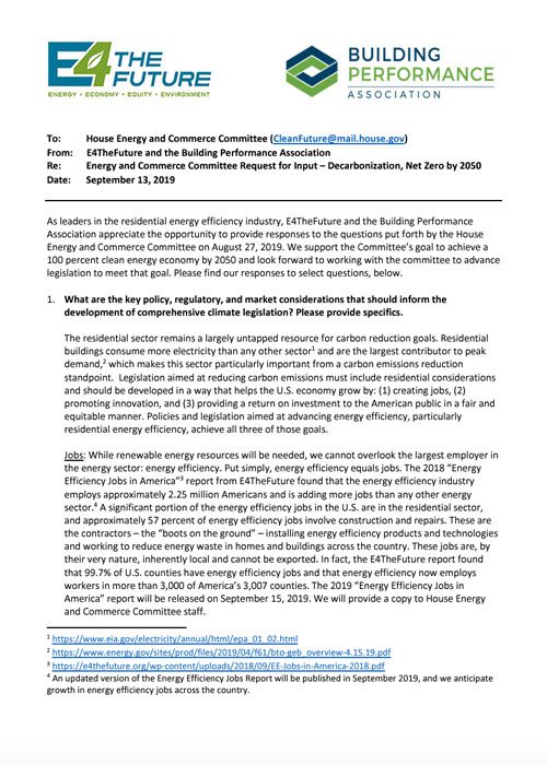 Screenshot of the Energy and Commerce Committee Request for Input – Decarbonization, Net Zero by 2050