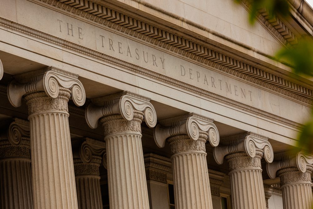 Close-Up of the Lettering "The Treasury Department" at the Treasury Department Building in Washington, DC