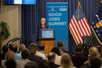 ""Fig 3. US Secretary of Energy Jennifer Granholm speaking at the Good Jobs Summit. Source: US Department of Labor.