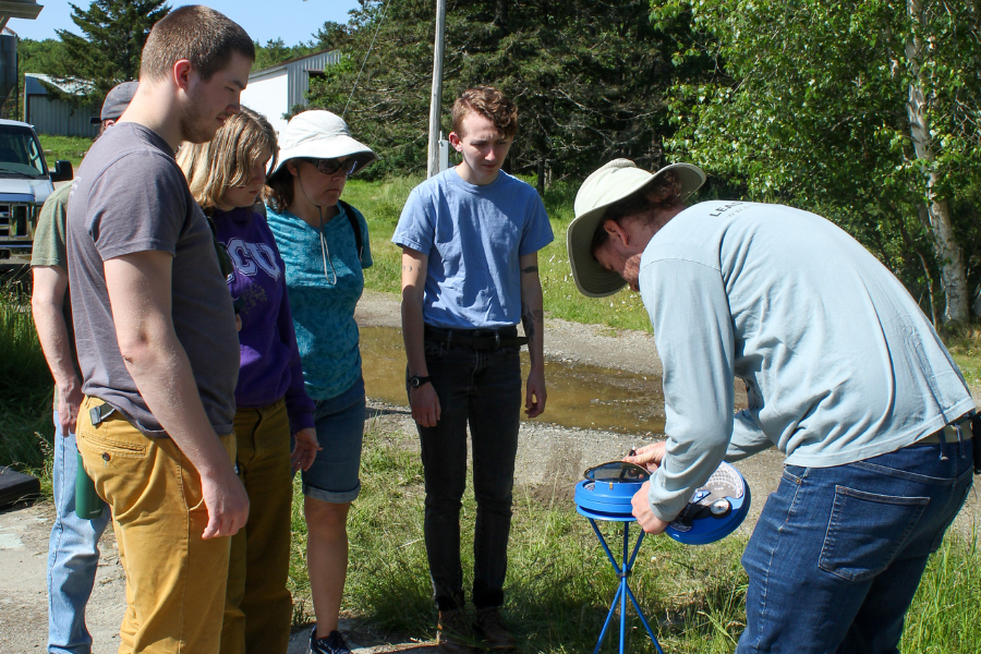 Man teaching group of people how to use a solar pathfinder