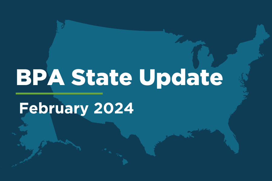 A map of the United States with the words "BPA State Update - February 2024"