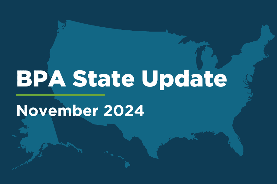 A U.S. map with the text "BPA State Update November 2024" over it.