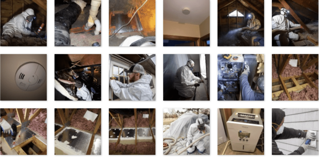 Photos of weatherization workers insulating homes