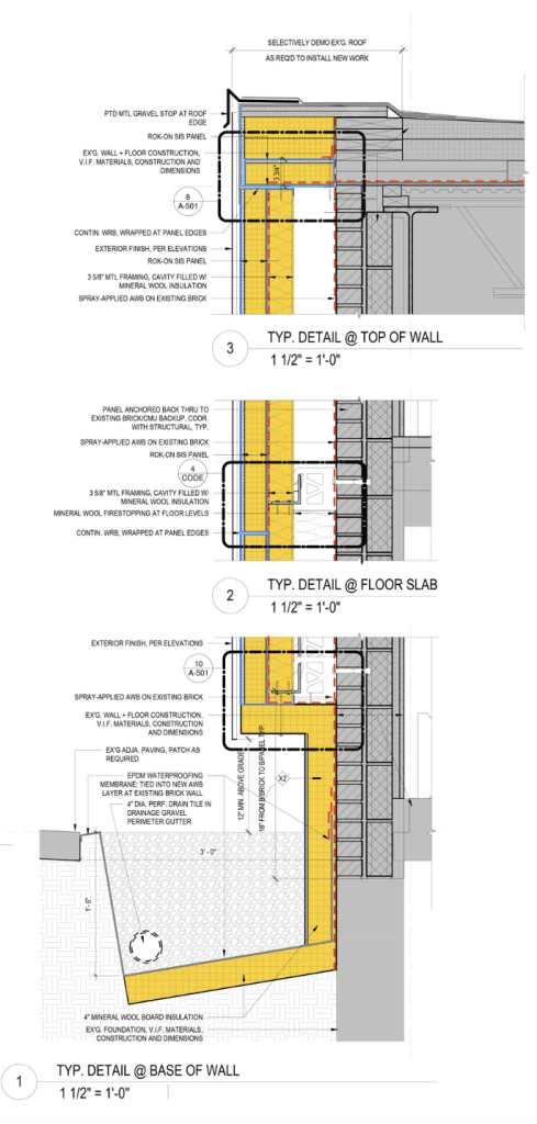 detail from the top of the wall, the floor slab, and the base of the wall