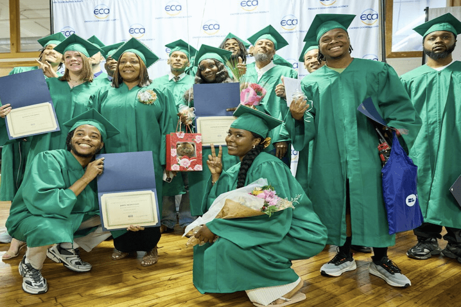 The most recent graduating class from the Green Retrofit Immersive Training program at the Philadelphia Knight Green Careers Training Center, July 2024. Photo credit: Michael Confer Photography