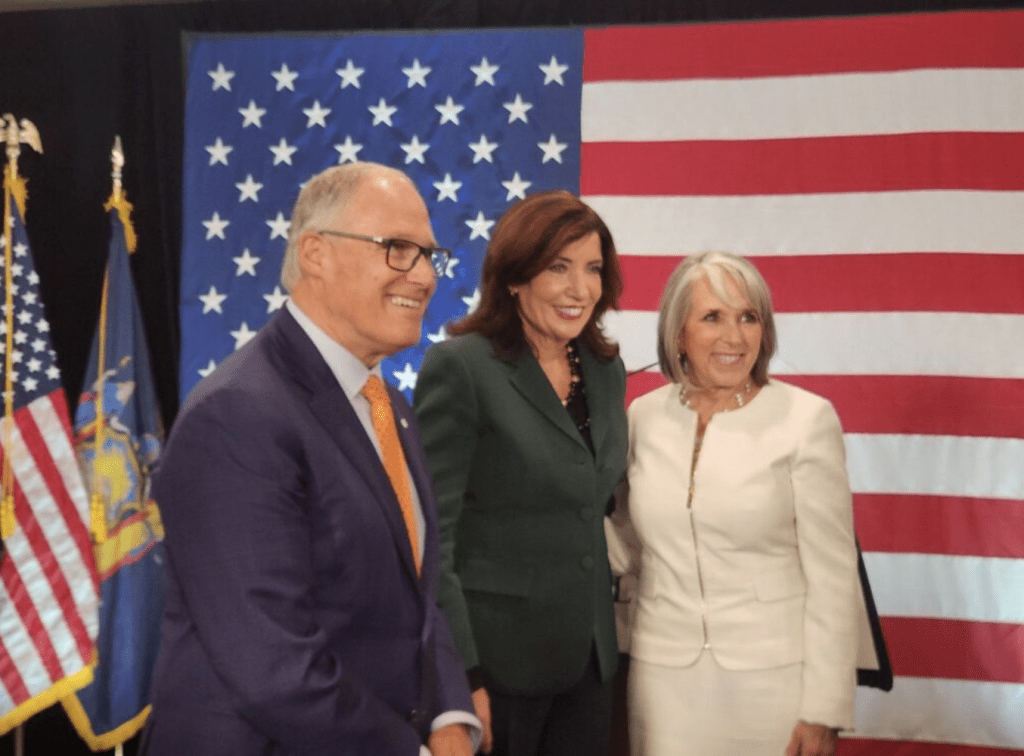 US Climate Alliance founding member Governor Jay Inslee of Washington and co-chairs Governor Kathy Hochul of New York and Governor Michelle Lujan Grisham of New Mexico at the announcement of the Governor’s Climate-Ready Workforce Initiative. Photo credit: Jacob Corvidae