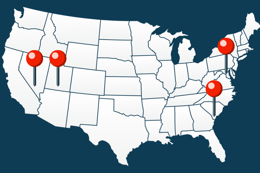 A map of the United States with pins in Maryland, Nevada, Utah, and South Carolina.