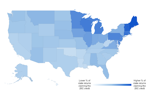 Graphic: Percentage of state’s total tax returns that claimed the Energy Efficiency Home Improvement Credit; ranges from 3.03% (Maine) to 0.50% (Hawaii)