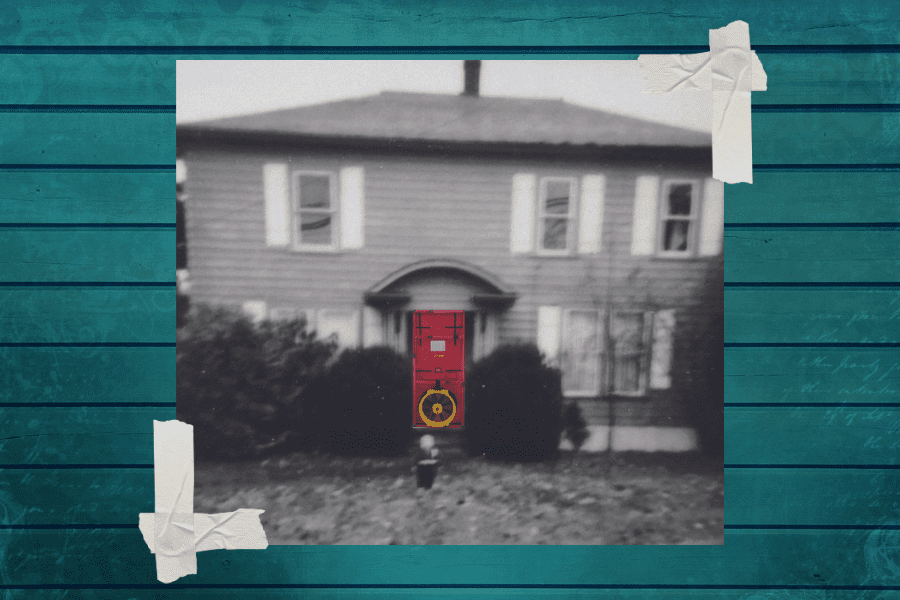 old house with blower door with wood panel background